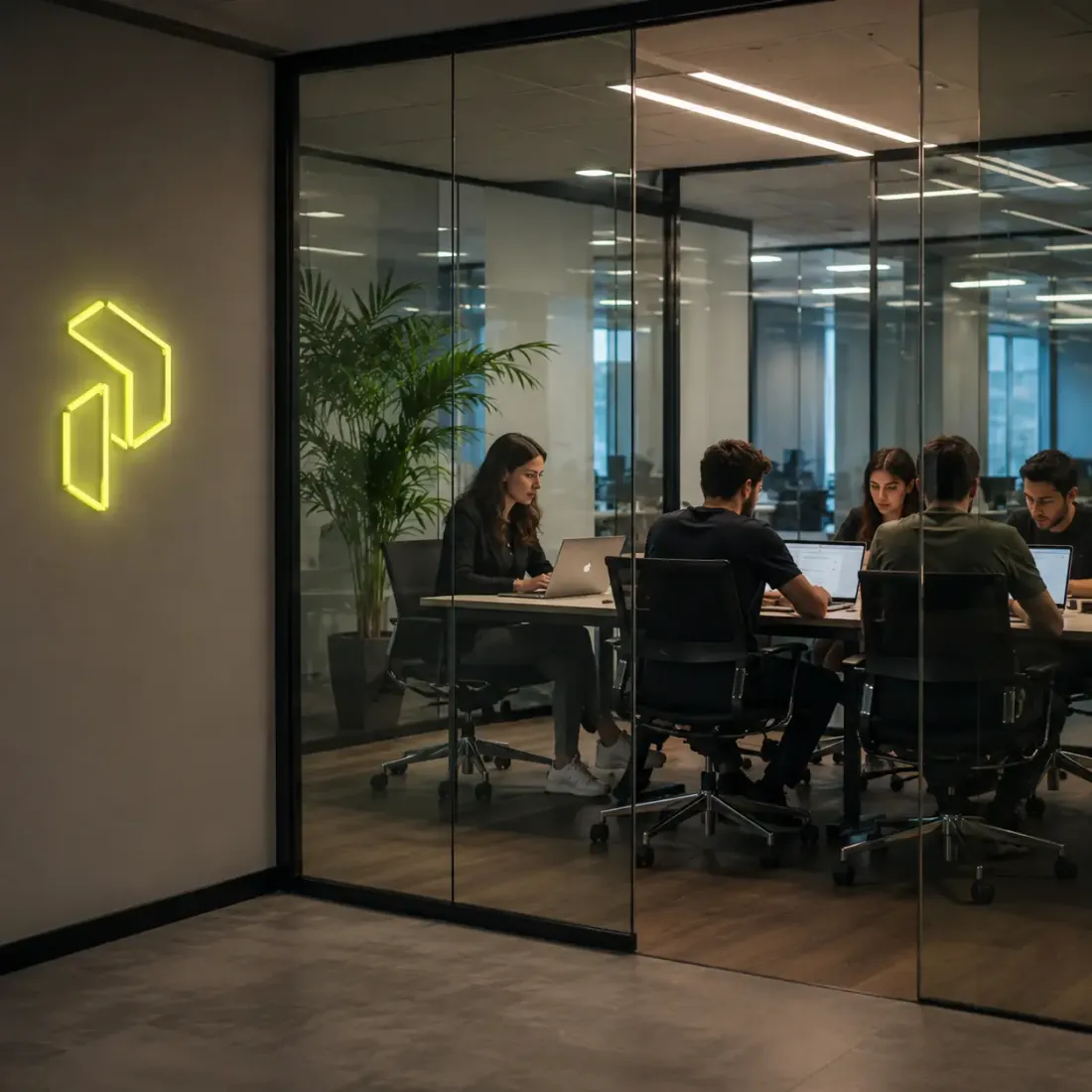 Equipo de PulsoSystems trabajando con laptops en una sala de reuniones de vidrio junto a un logo de neón