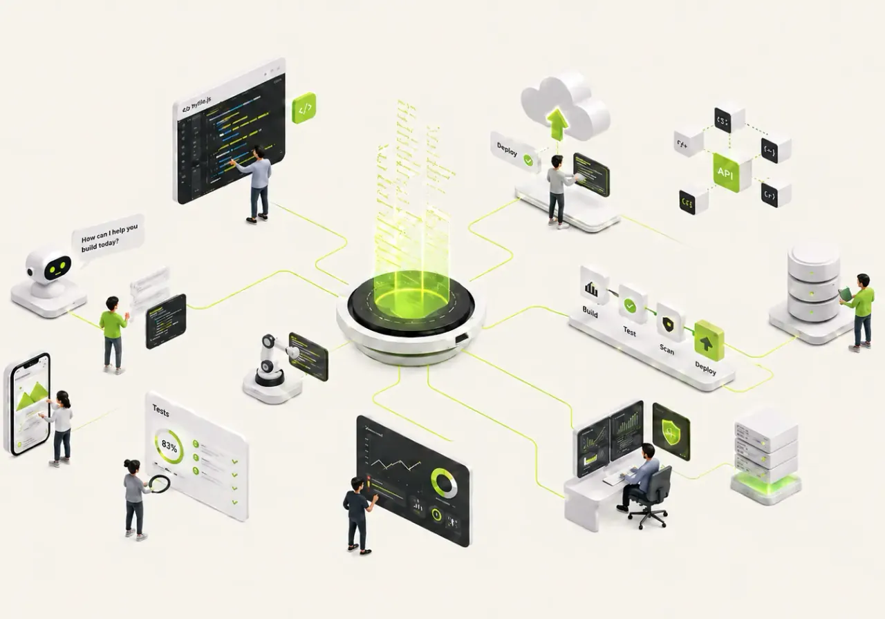 Isometric illustration of a team building connected digital products: code, mobile apps, dashboards and cloud deployment