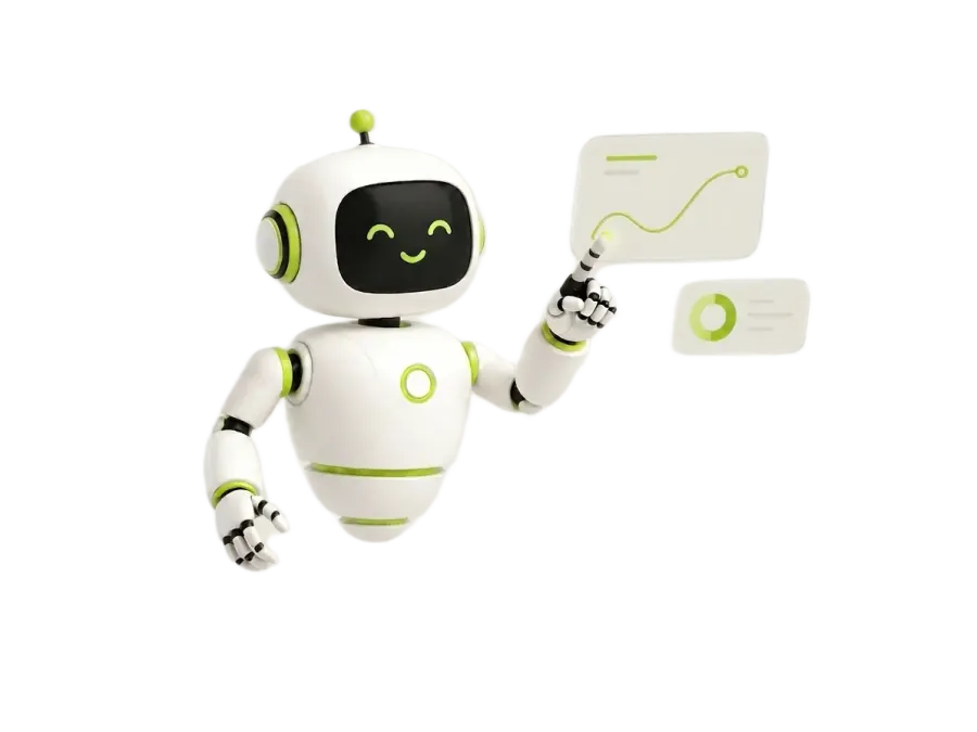 Illustration of a friendly assistant robot pointing at data charts